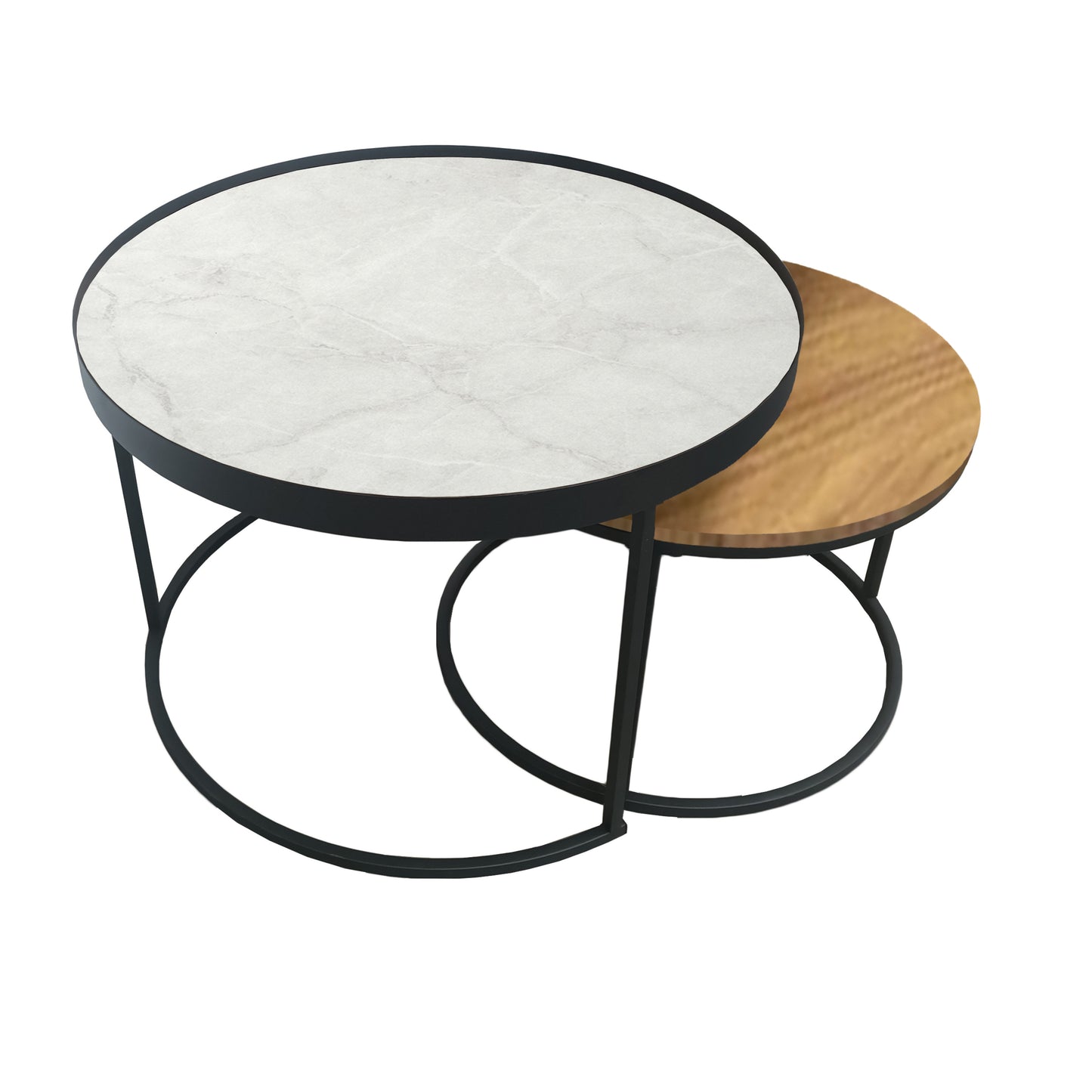 Criterion Nested Set Coffee Tables 760mm Black Metal Frame Large White Marble Look, Small English Oak