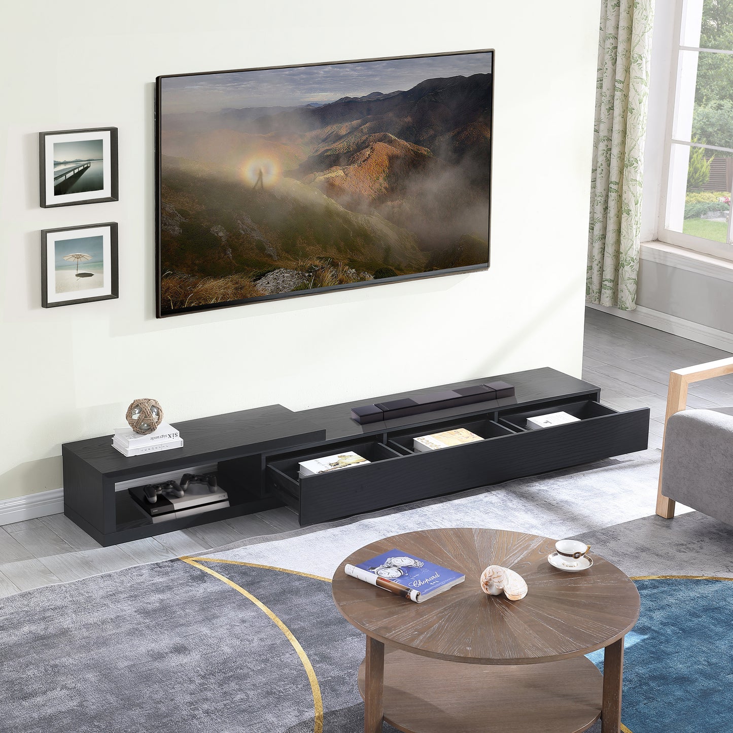 Criterion Durham Extendable TV Unit, Entertainment Cabinet, 190cm Low Line Black Oak Lifestyle Image