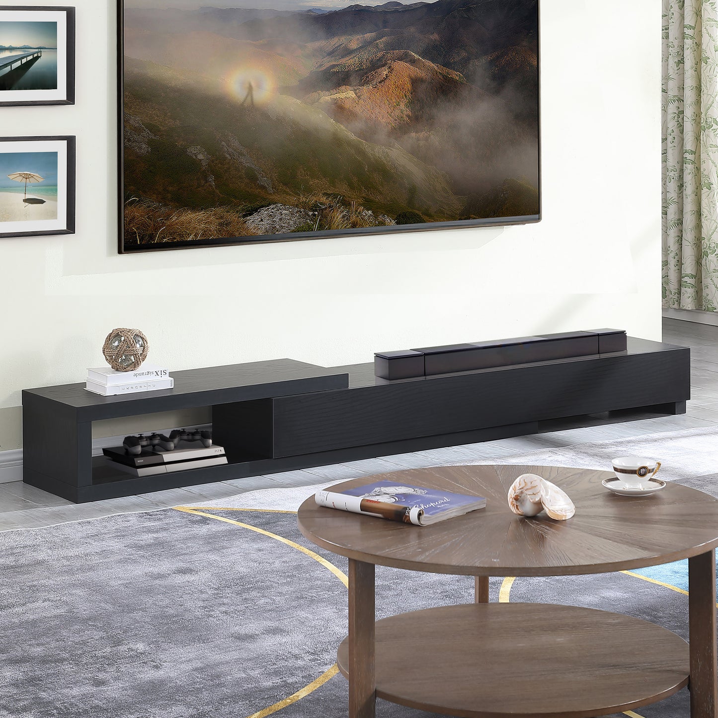 Criterion Durham Extendable TV Unit, Entertainment Cabinet, 190cm Low Line Black Oak Lifestyle Image