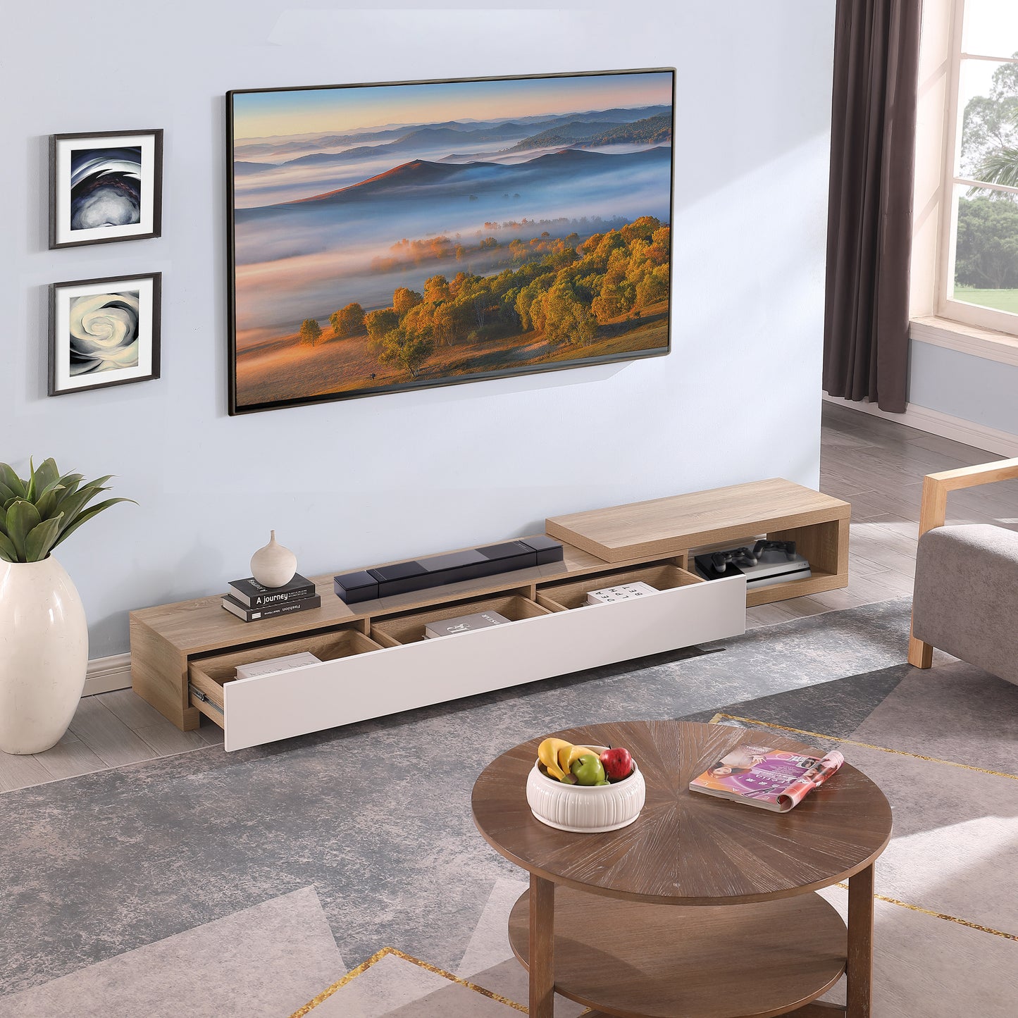 Criterion Durham Extendable TV Unit, Entertainment Cabinet, 190cm Low Line Oak Lifestyle Image